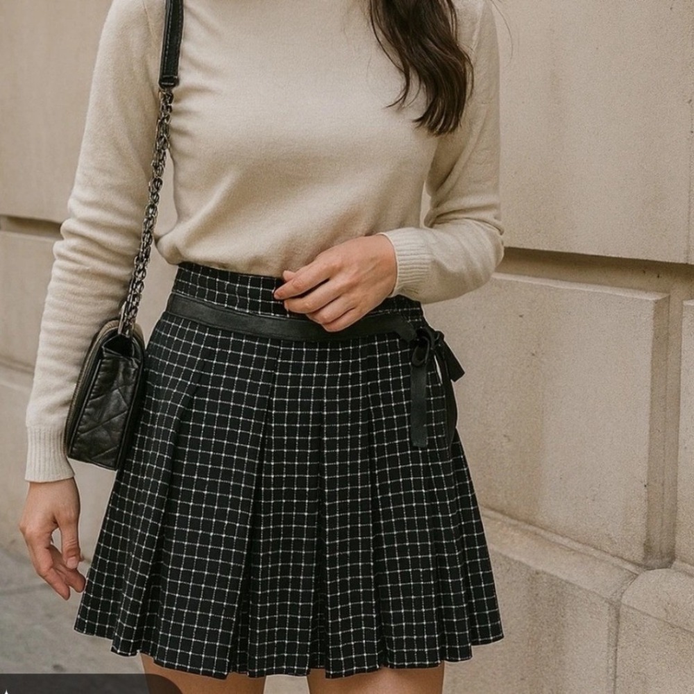 Free People Pleated Tweed Grid Black Mini Skirt Women 6 Dark Academia Preppy